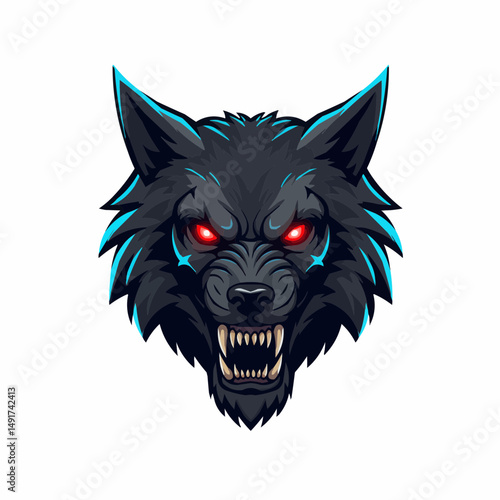 Wolf visage with piercing red eyes, dark grey fur, and blue accents