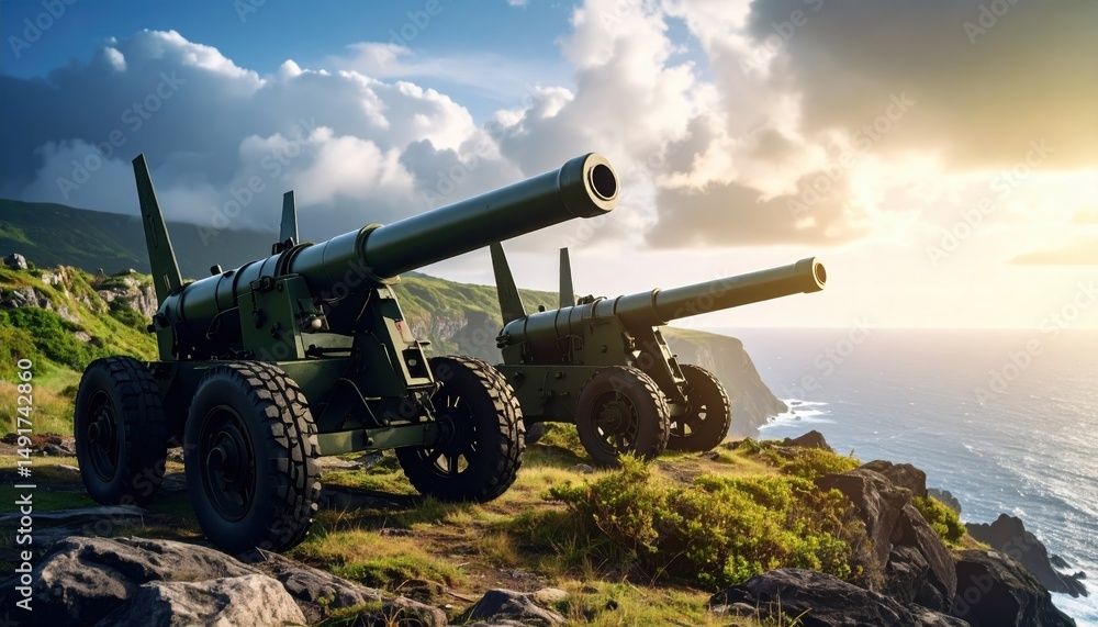 Coastal Artillery Cannons on a Dramatic Clifftop at Sunset Powerful Military Weapons overlooking the Ocean Coastal Artillery Cannons on a Dramatic Clifftop at Sunset Powerful Military Weapons overlooking the Ocean
