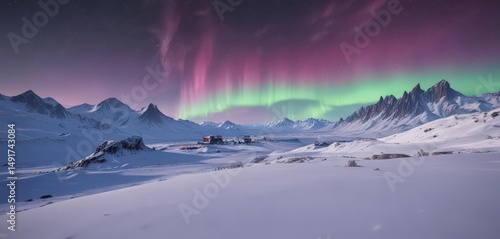 Stark snow-covered landscape, distant research outpost, vibrant aurora ,  frozen,  ice cap,  background