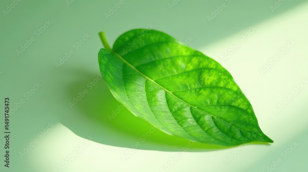 Obraz premium Single vibrant green leaf illuminated by sunlight on a pale green surface
