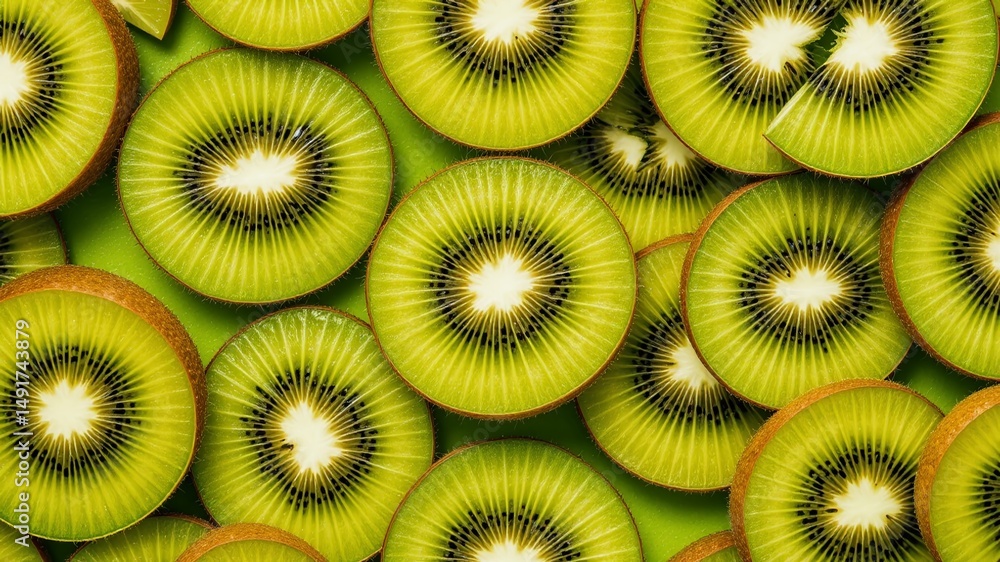 Juicy Kiwi Fruit Close-up on Green Background Juicy Kiwi Fruit Close-up on Green Background