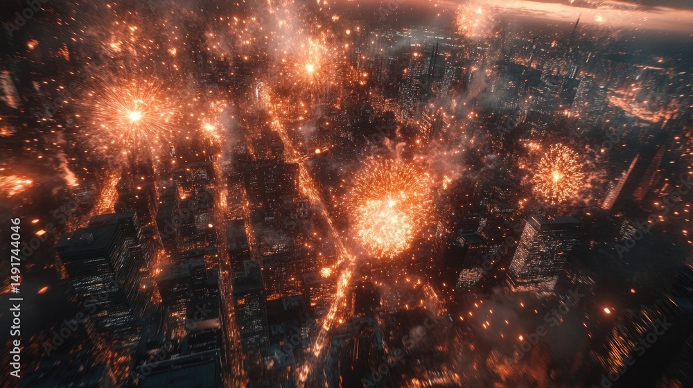 Fototapeta premium A stunning mockup showcasing fireworks exploding in intricate patterns over a cityscape