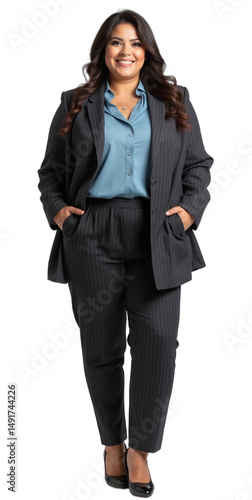 Professional full-body portrait of a plus-size Hispanic woman in a charcoal pinstripe suit, standing naturally with a slight smile on a white studio backdrop. Ideal for business, corporate,