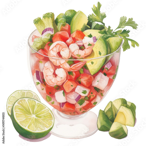 Refreshing shrimp cocktail kitchen watercolor art transparent background vibrant ingredients culinary delight