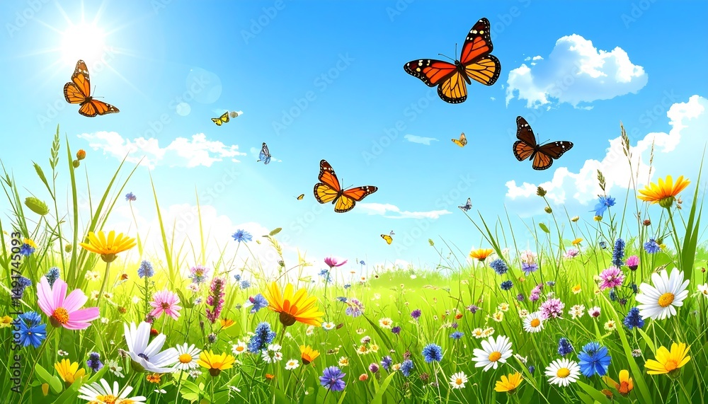 Sunny Meadow with Butterflies and Blooming Flowers Sunny Meadow with Butterflies and Blooming Flowers
