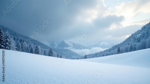 Wallpaper Mural Serene Winter Landscape Snow-Covered Hills, Frosty Evergreens, and Majestic Mountains Under a Cloudy Sky Torontodigital.ca