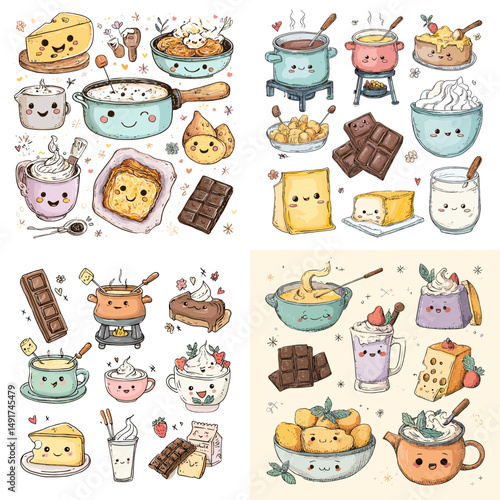 Hand-drawn cute dairy and chocolate foods with smiling faces, including cheese, butter, milk, and desserts. Ideal for kawaii food designs and children’s content.


