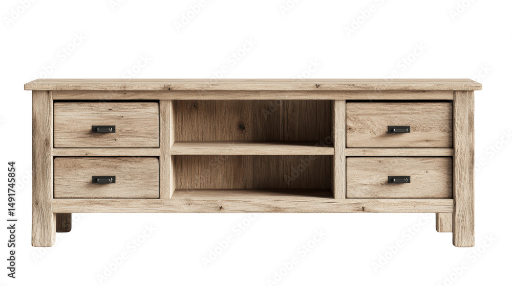 Wooden media console table with drawers and open shelving, perfect for home entertainment organization setup. Wooden media console table with drawers and open shelving, perfect for home entertainment organization setup.