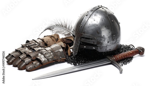 Medieval armor helmet sword and gauntlet lay on white background isolated view