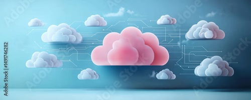 3d rendered image of multiple connected clouds with one central pink cloud symbolizing cloud computing and data networking on blue background