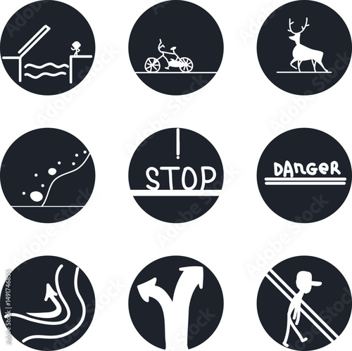 Parody cartoon icons on the theme of road signs. Inside the circles there is a bridge, a deer, a bicycle, a rockfall, words, waypoints and a passerby or a person in a cap.