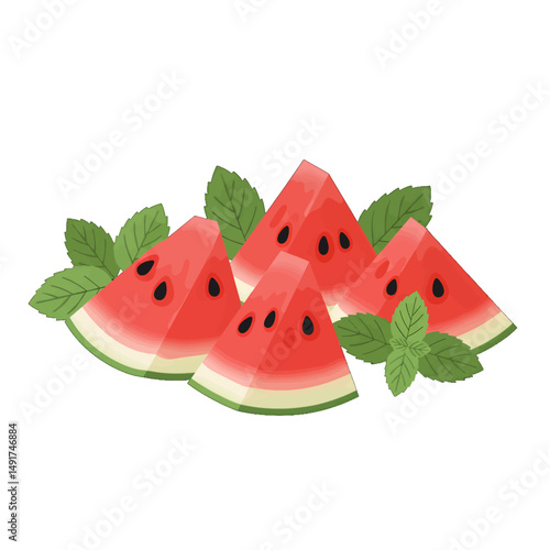Watermelon Slices with Mint Leaves Illustration