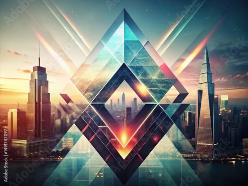 Abstract Geometric Architecture Background: Double Exposure Photography, Modern Building Design, Futuristic Cityscape,  Geometric Shapes, Architectural Photography