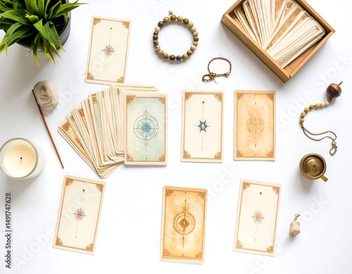 Tarot cards arranged on a white surface with decorative elements and accessories. Features a top-down view with antique aesthetics