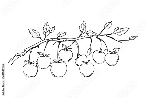 apple tree branch line art and black color 
