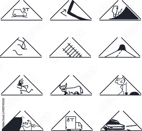 A set of icons on the topic of road signs and warning signs. Among the symbols there are cars, animals, people, and so on.Web