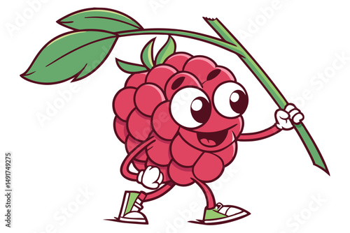 12 redheaded cartoon raspberry character, chubby spherical body, large expressive eyes, smiling happily, vibrant red color, glossy surface, green stem and leaf, solo focus, photorealistic, 8k resoluti