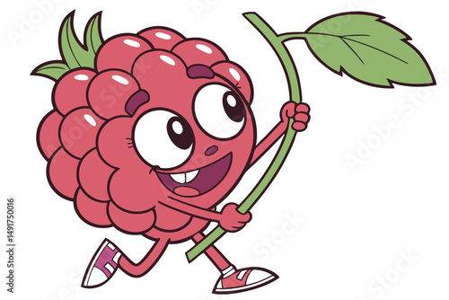 12 redheaded cartoon raspberry character, chubby spherical body, large expressive eyes, smiling happily, vibrant red color, glossy surface, green stem and leaf, solo focus, photorealistic, 8k resoluti