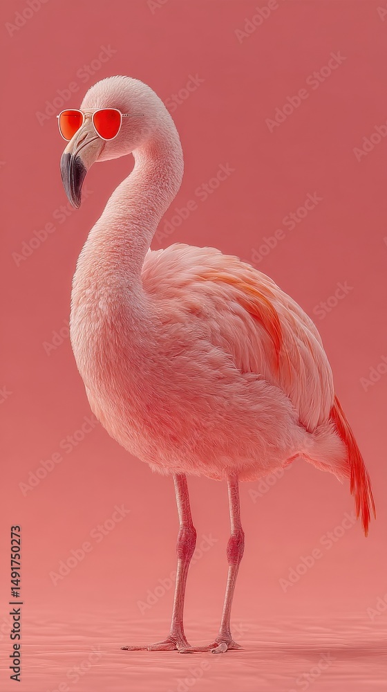 Obraz premium Stylish Flamingo in Red Glasses: A fashionable flamingo wearing stylish red sunglasses stands out in a vibrant, pink-themed environment, exuding a cool and trendy vibe.