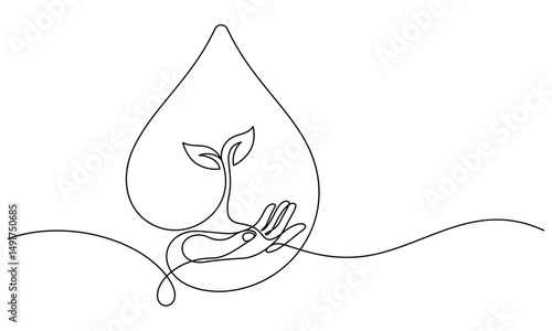 water and environment conservation hand saving plant line art