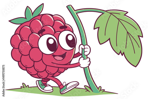 12 redheaded cartoon raspberry character, chubby spherical body, large expressive eyes, smiling happily, vibrant red color, glossy surface, green stem and leaf, solo focus, photorealistic, 8k resoluti