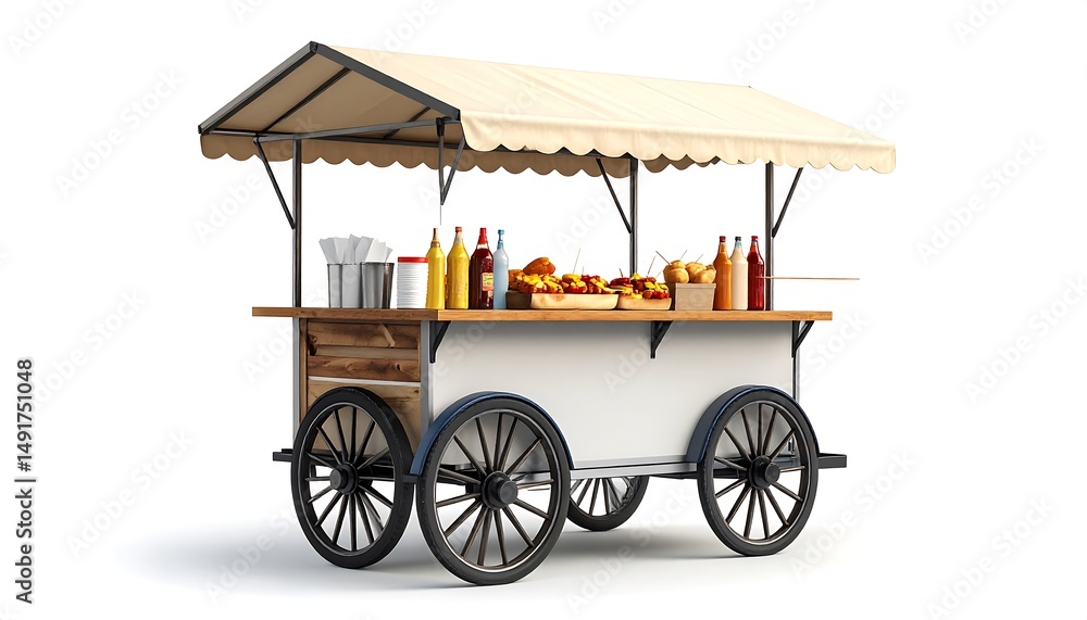 A detailed view of a food cart with various condiments and food items. The cart is white and brown with a beige canopy against a clean background A detailed view of a food cart with various condiments and food items. The cart is white and brown with a beige canopy against a clean background