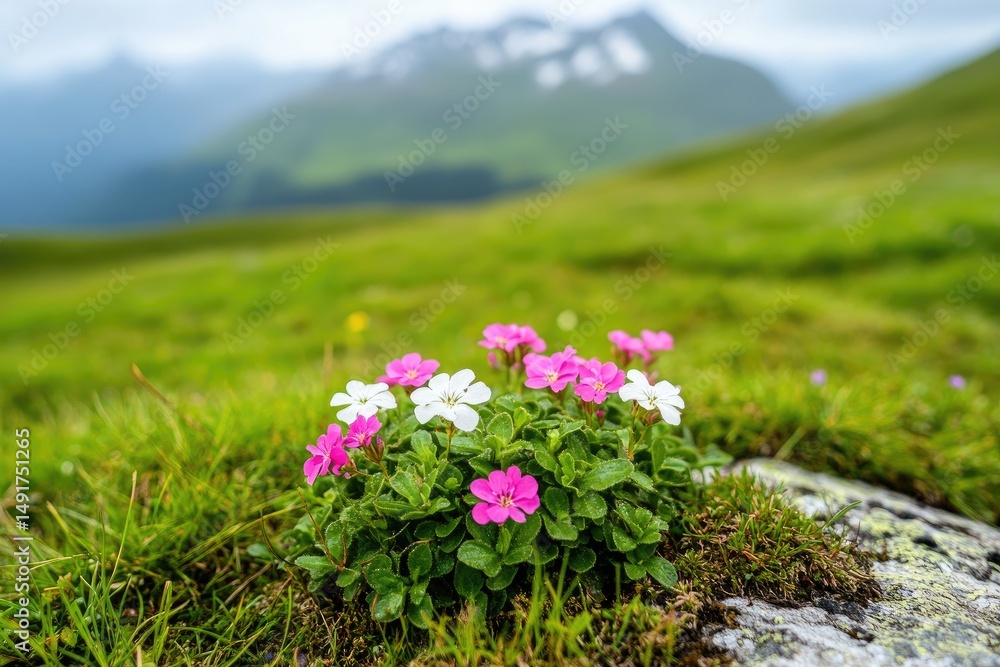 Obraz premium Alpine meadow flowers with mountain view