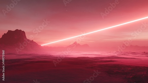 Pink laser beam across red planet landscape