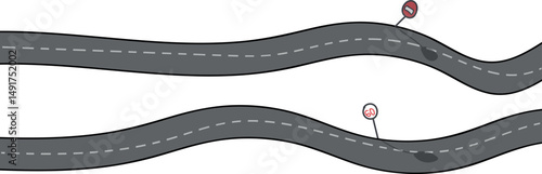 Two long cartoon roads or highways with road signs.
