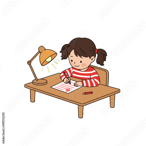 Girl Writing at Wooden Desk with Lamp