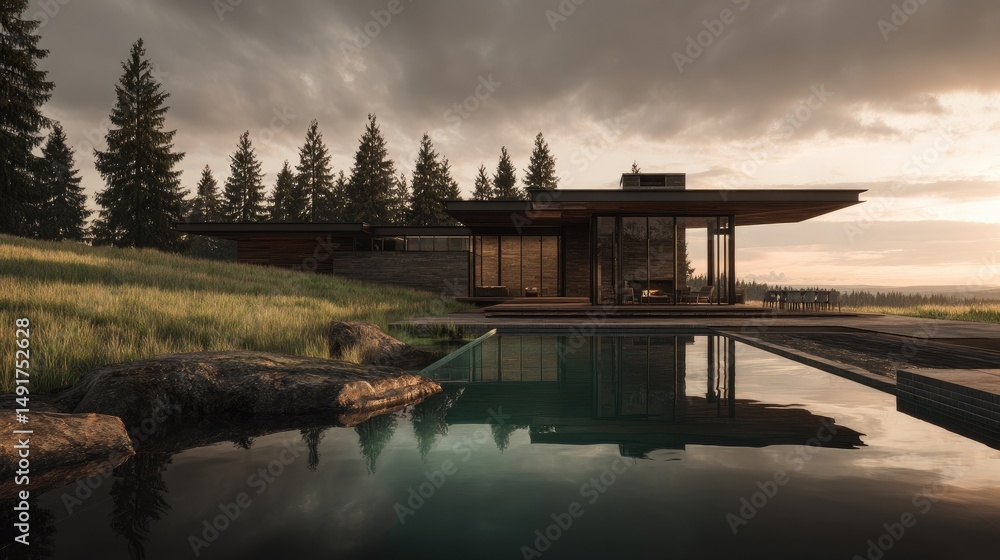 Fototapeta premium Modern mountain home reflecting in pool with sunset light, and luxury architecture.