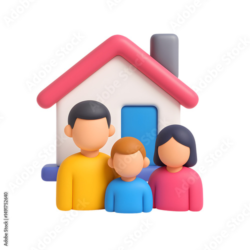 3D Render of Family in Front of House   Home Sweet Home Concept
