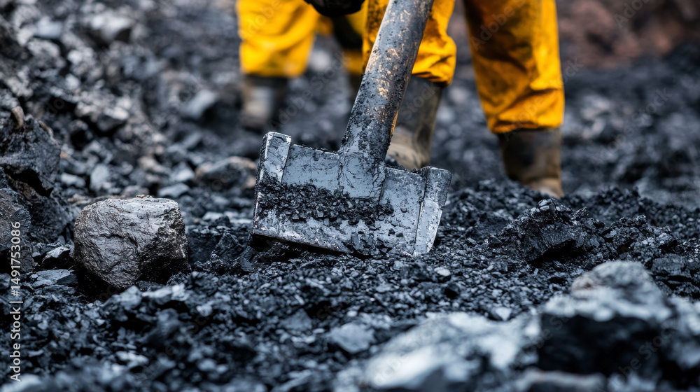 Naklejka premium Worker digging coal in mine wearing yellow overalls