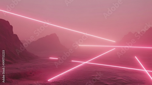 Pink light beams across misty desert landscape