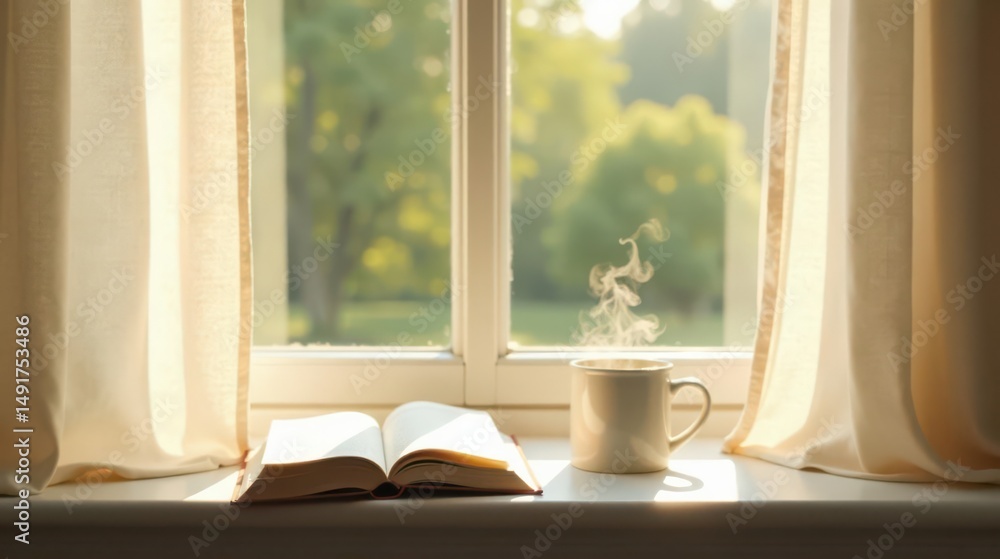 Fototapeta premium Serene Morning A steaming mug of coffee, an open book, and sunlight streaming through sheer curtains onto a windowsill creating a tranquil atmosphere of quiet contemplation.