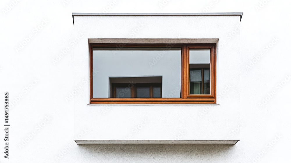 Fototapeta premium Modern square window with wooden frame on a white wall.