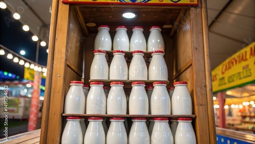 Carnival games Stacked glass milk bottles on display at a fair, illuminated by colorful lights.