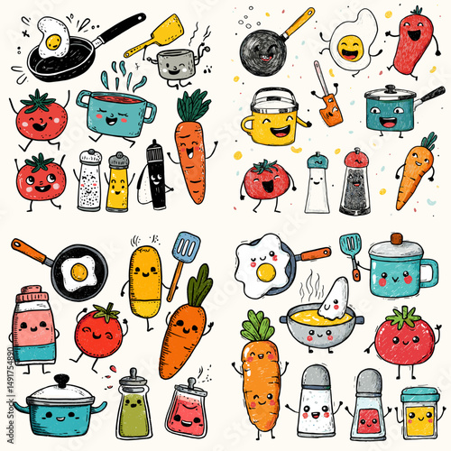 Cute hand-drawn cooking tools and vegetables with happy faces in colorful doodle style, perfect for kids' recipe books, educational posters, and kawaii food stickers.

