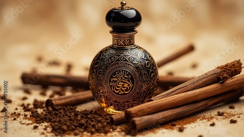 Arabic Oud Perfume and Agarwood on a Soft Beige Surface