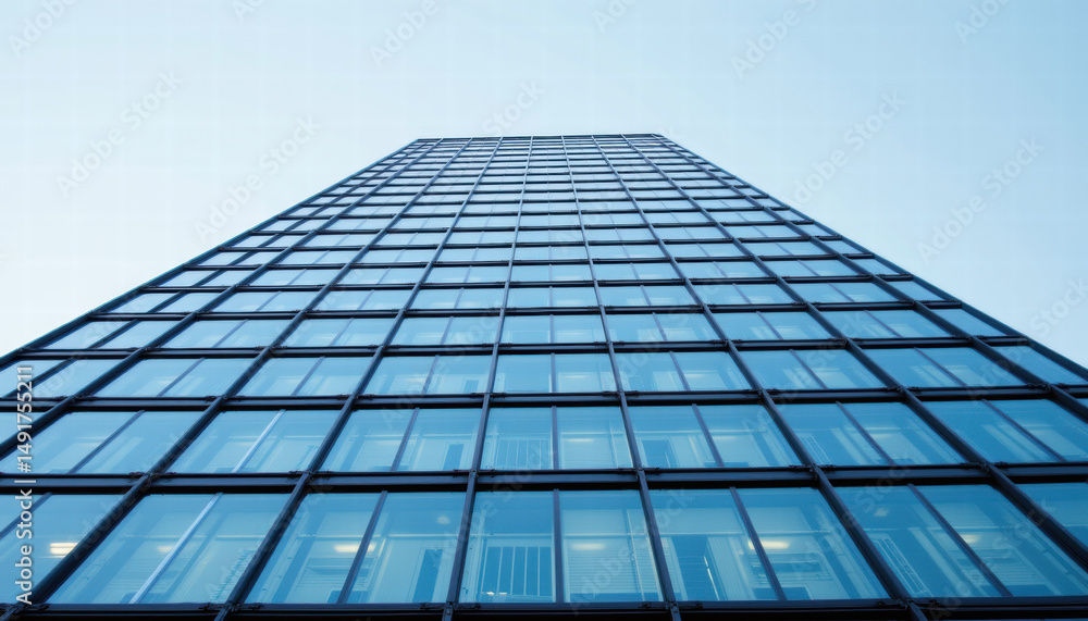 Image features modern skyscraper with glass facade, showcasing sleek design and reflecting sky. building stands tall against clear blue background, evoking sense of urban sophistication Image features modern skyscraper with glass facade, showcasing sleek design and reflecting sky. building stands tall against clear blue background, evoking sense of urban sophistication