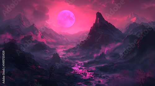 Pink moon over misty mountains
