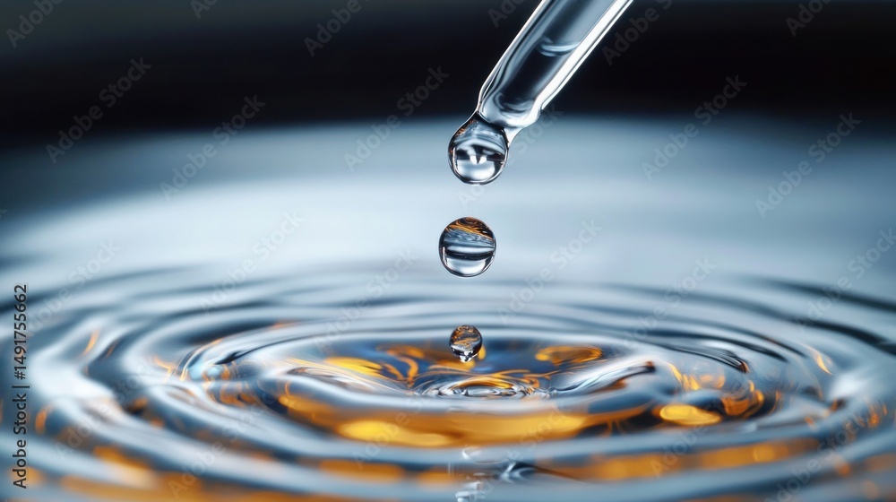 Close-up of a clear dropper releasing water droplets into a calm reflective water surface creating ripples with warm orange highlights Close-up of a clear dropper releasing water droplets into a calm reflective water surface creating ripples with warm orange highlights