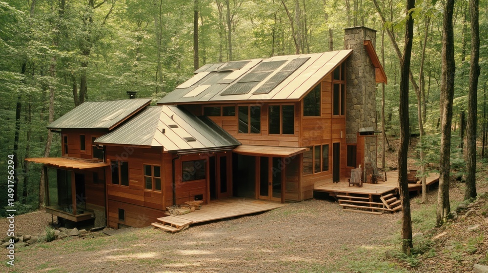 Modern sustainable wood house nestled in lush green forest. Modern sustainable wood house nestled in lush green forest.