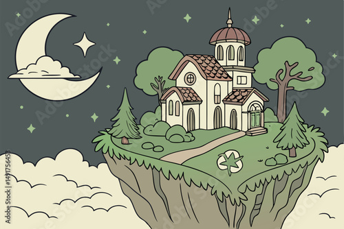 15 detailed fantasy landscape, recycling symbol, surreal floating island, lush green environment, moon and stars in night sky, whimsical architecture, organic elements, digital art