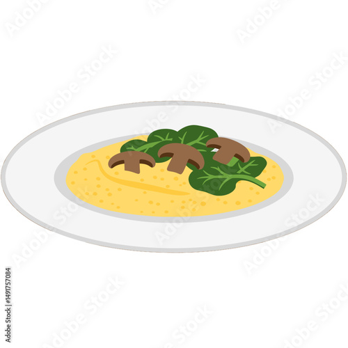 Creamy Yellow Porridge With Mushrooms And Spinach On A White Plate
