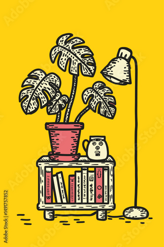 Bright Illustration of House Plant and Lamp in Doodle Style Art