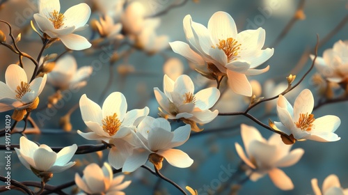 Enchanting magnolia blooms: A serene composition of white petals and branches