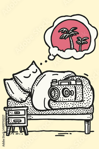 Dreaming of Vacation: Doodle of a Person with a Camera in Bed