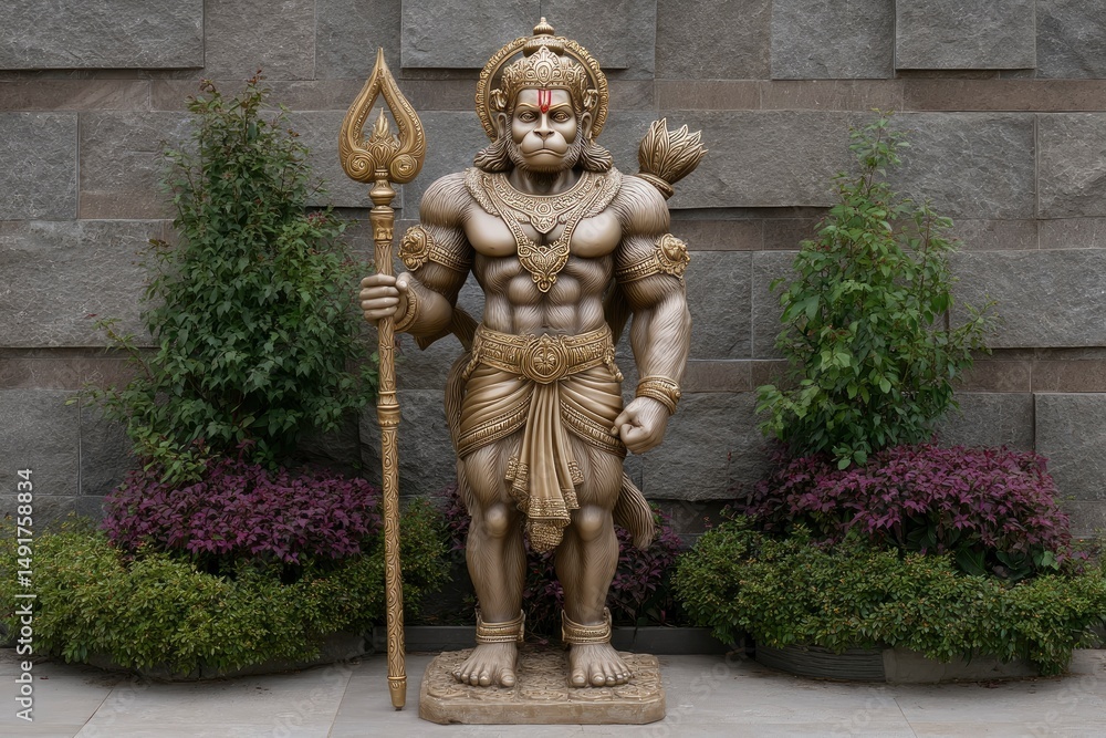 Fototapeta premium Standing Monkey Statue with Spear in Outdoor Garden Setting