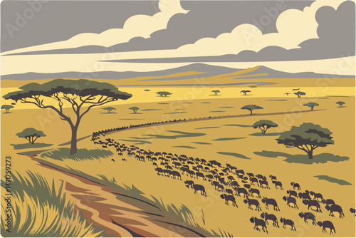 17 aerial view of a large herd of wildebeest or gnu migrating across a vast, grassy plain, dramatic sky with clouds, serengeti national park, tanzania, cinematic lighting, stunning landscape, high qua